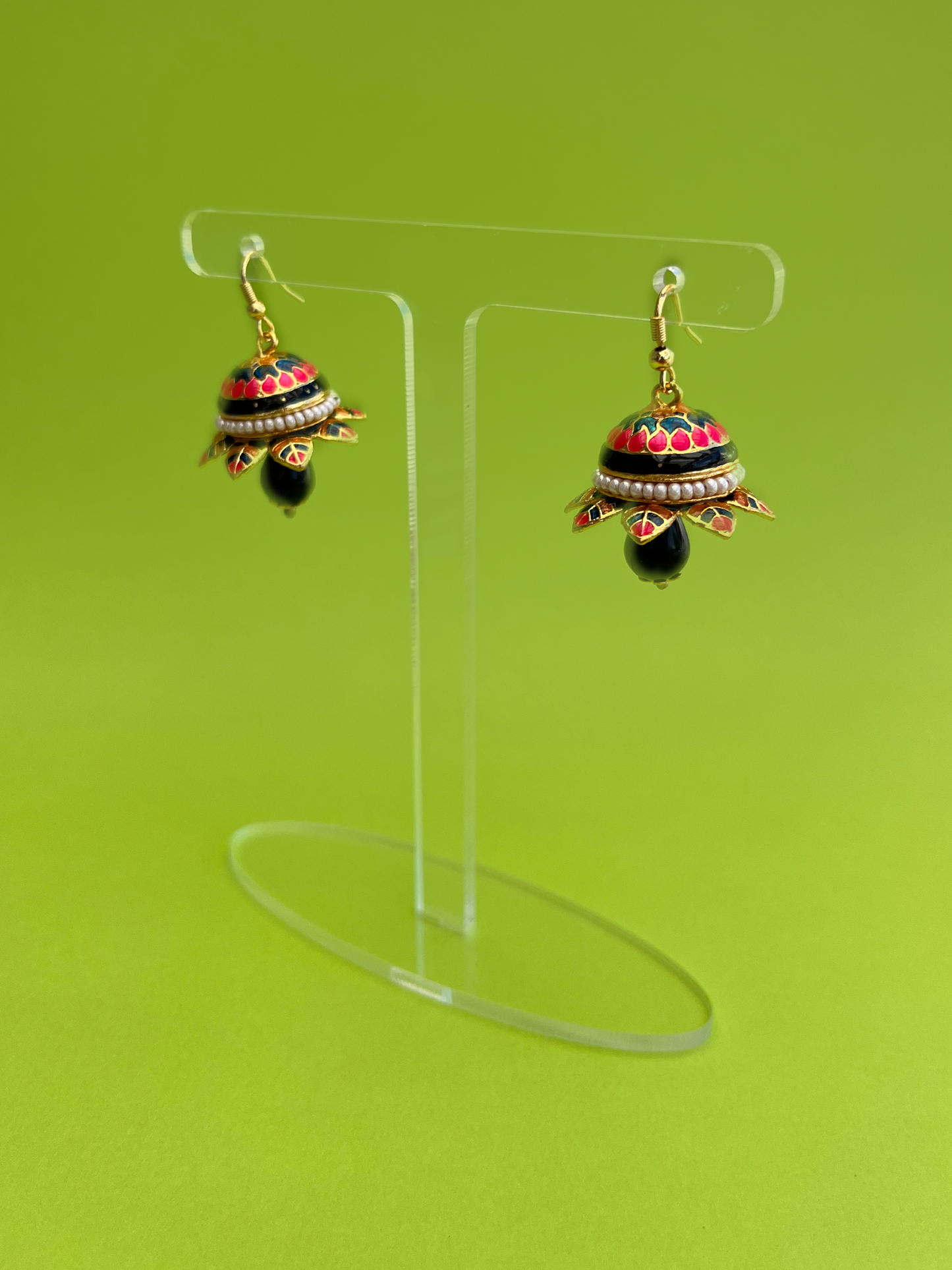 Flower-Shaped Gold-Plated Meenakari Jhoomka with Hook - Pink, Teal and Black