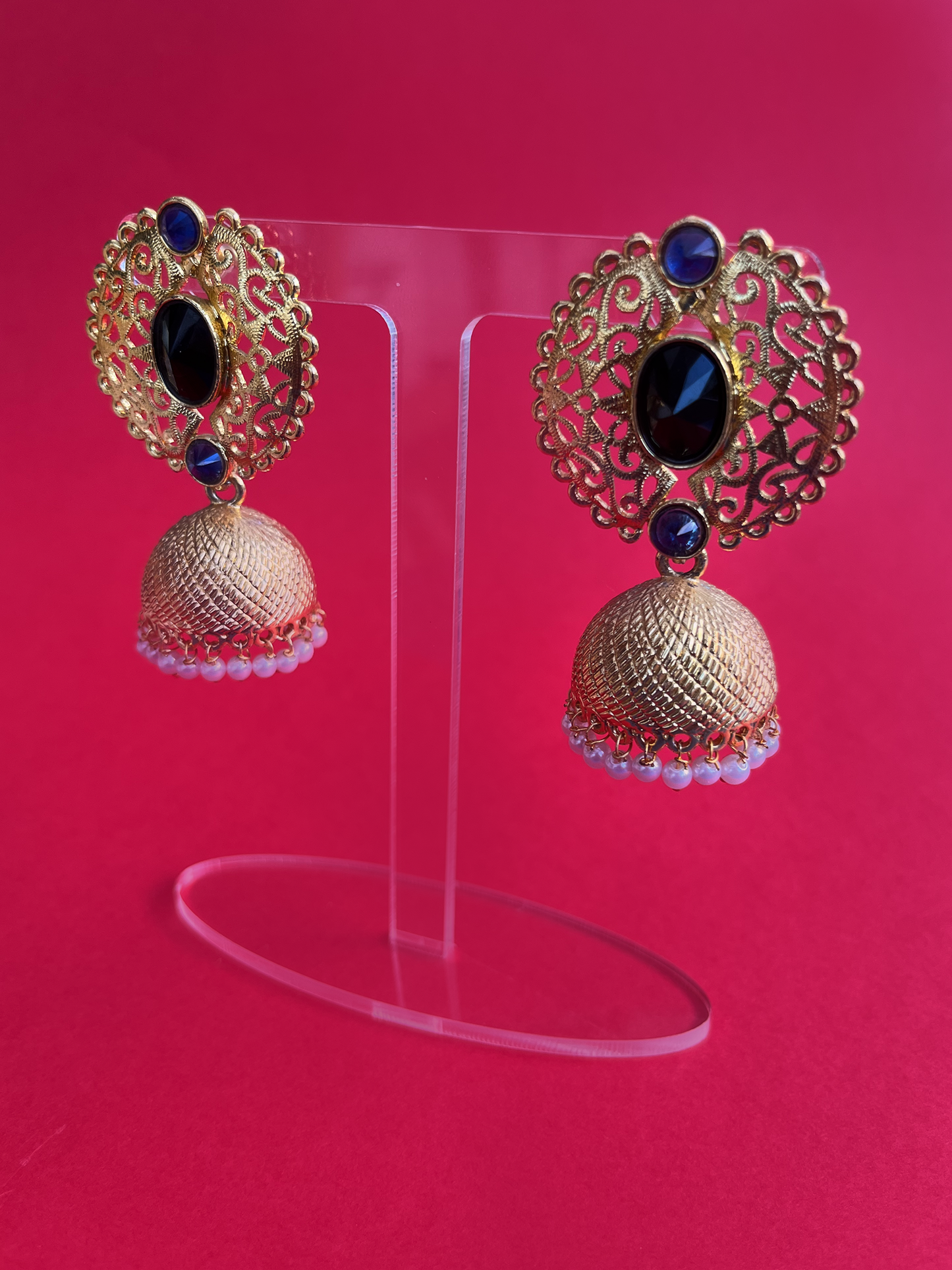 Gold-Plated Kundan Jhoomka with Pearls and Dark Blue Beads