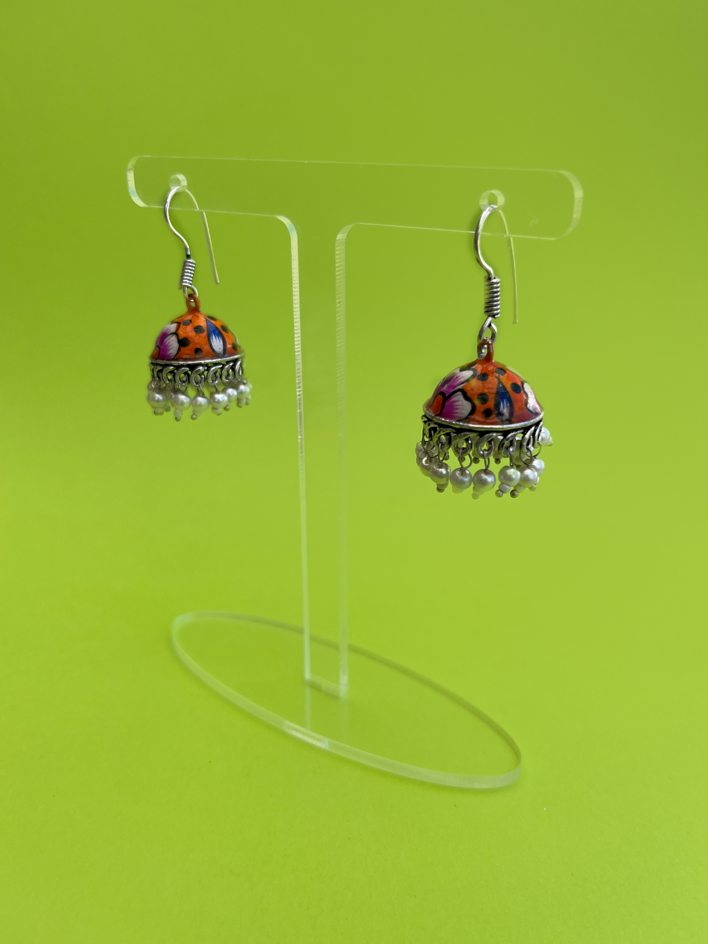 Orange and Blue Hand-Painted Meenakari Jhoomka with Hook