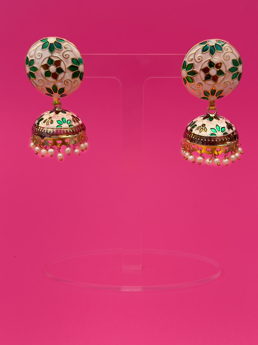 White and Green Meenakari Jhoomka with Floral Design