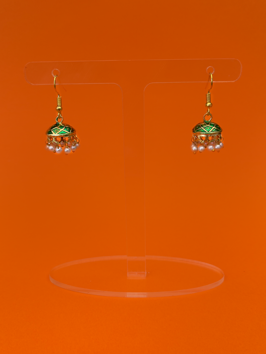 Mini Green-Painted Gold-Plated Jhoomka with White Beads and Hook