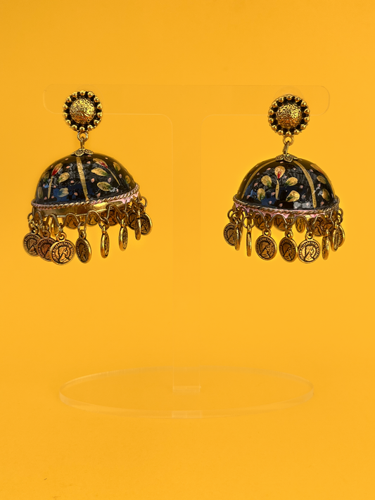 Black and Gold Hand-Painted Gold-Plated Meenakari Jhoomka