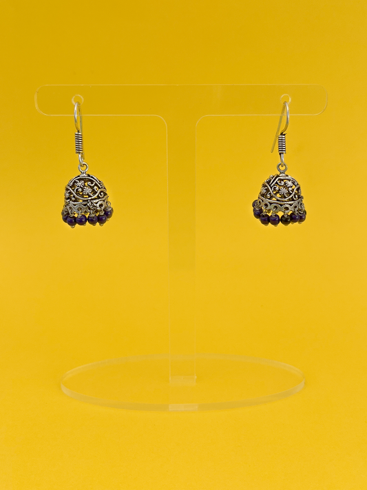Mini Oxidised Silver-Plated Jhoomka with Blue Beads
