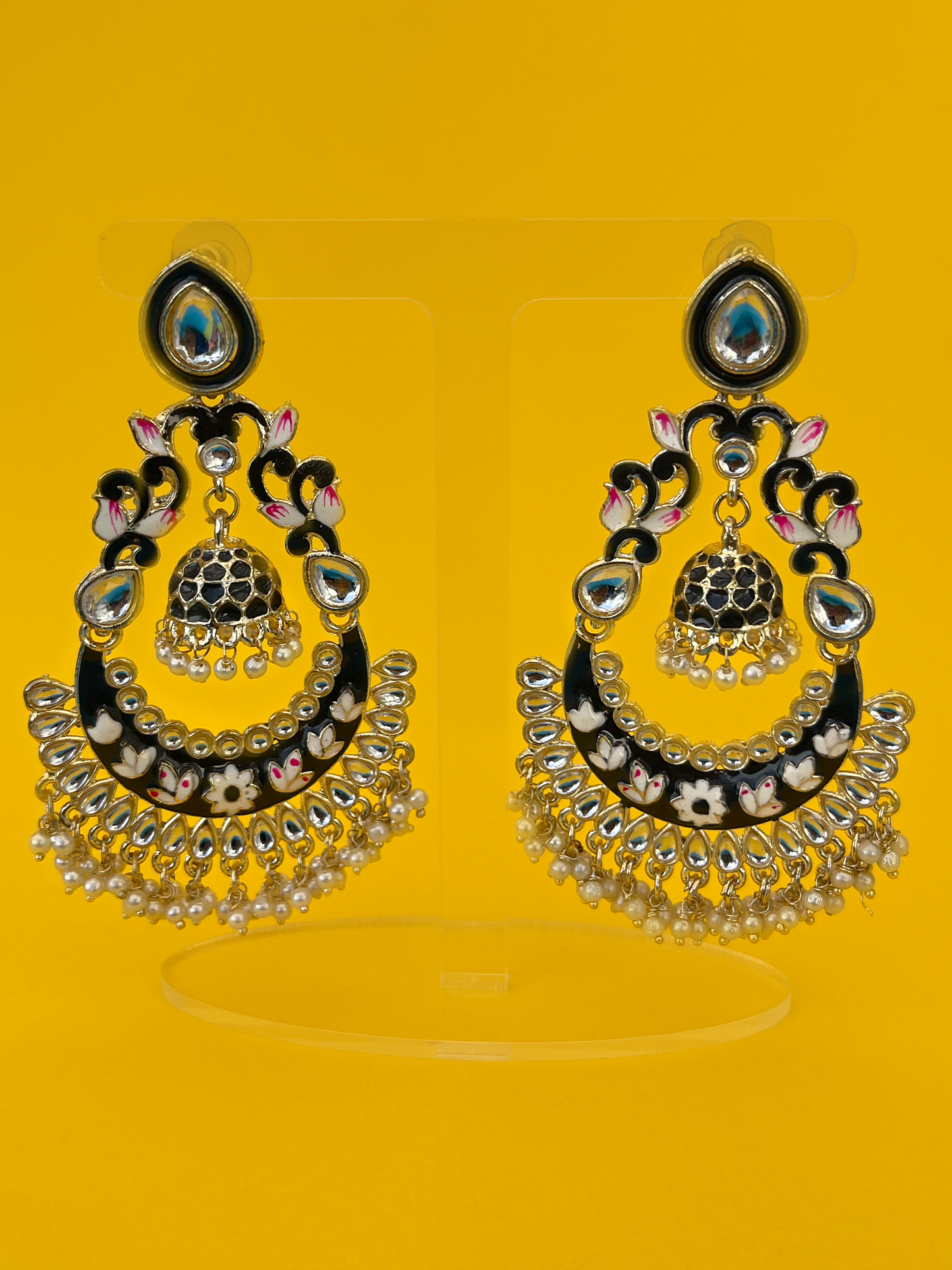 Charcoal Grey Kundan Meenakari Jhoomka