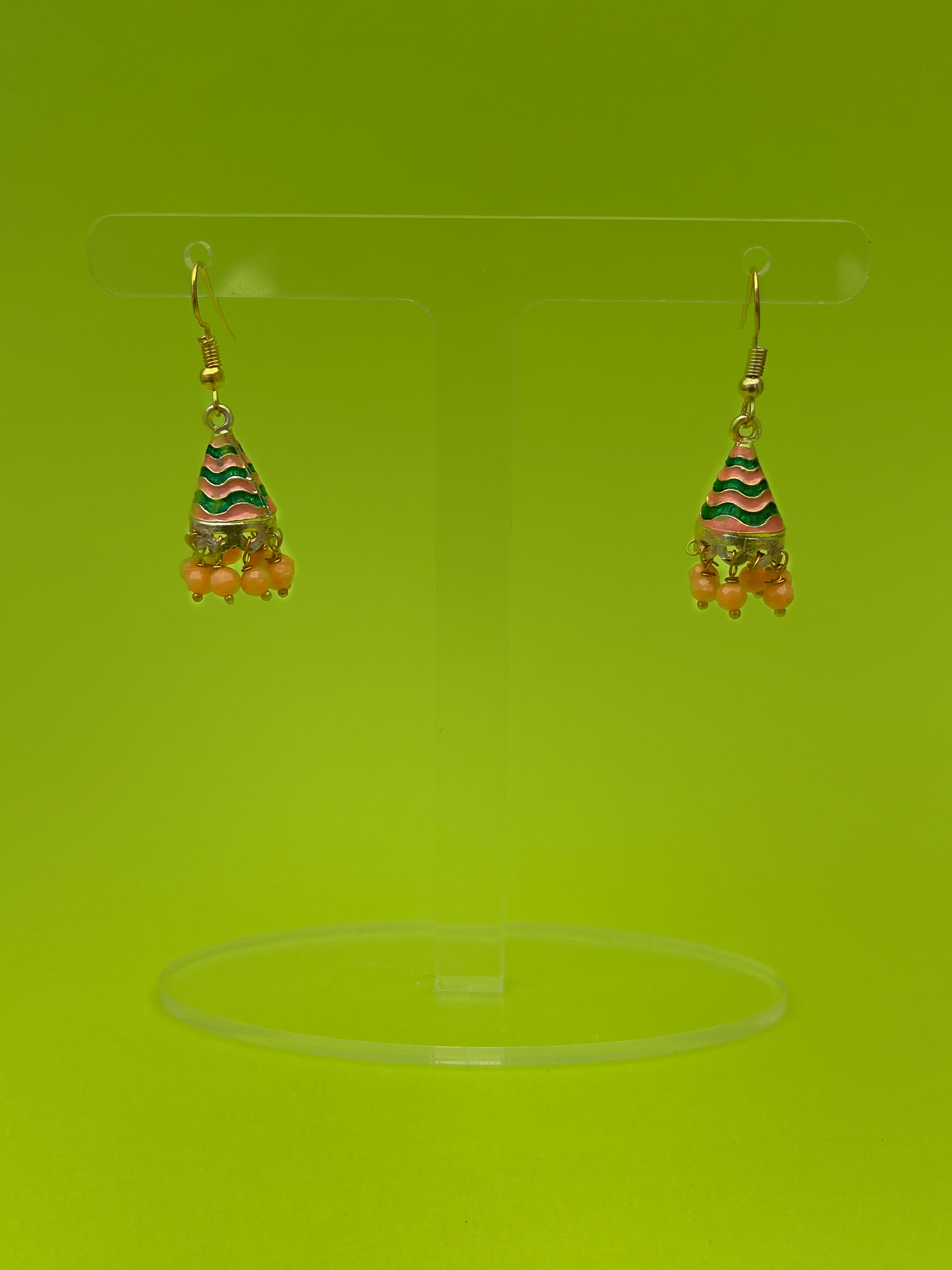 Peach and Green Cone-Shaped Gold-Plated Mini Jhoomka with Hook