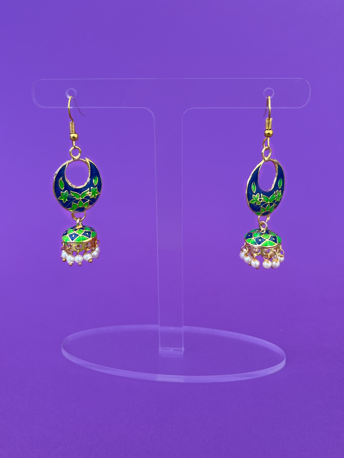 Mini Blue and Green Meenakari Jhoomka with Hook