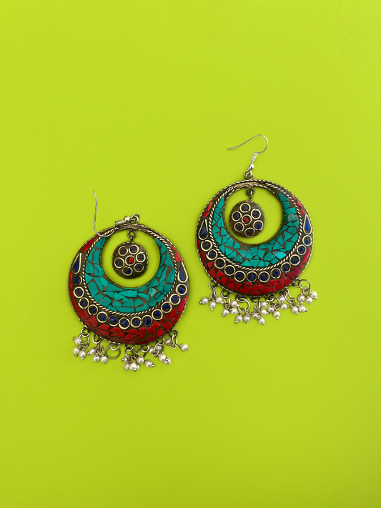 Turquoise and Coral Stone Silver-Plated Nepalese Jhoomka