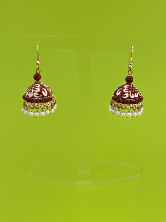Gold-Plated Hand-Painted Jhoomka with Maroon Beads