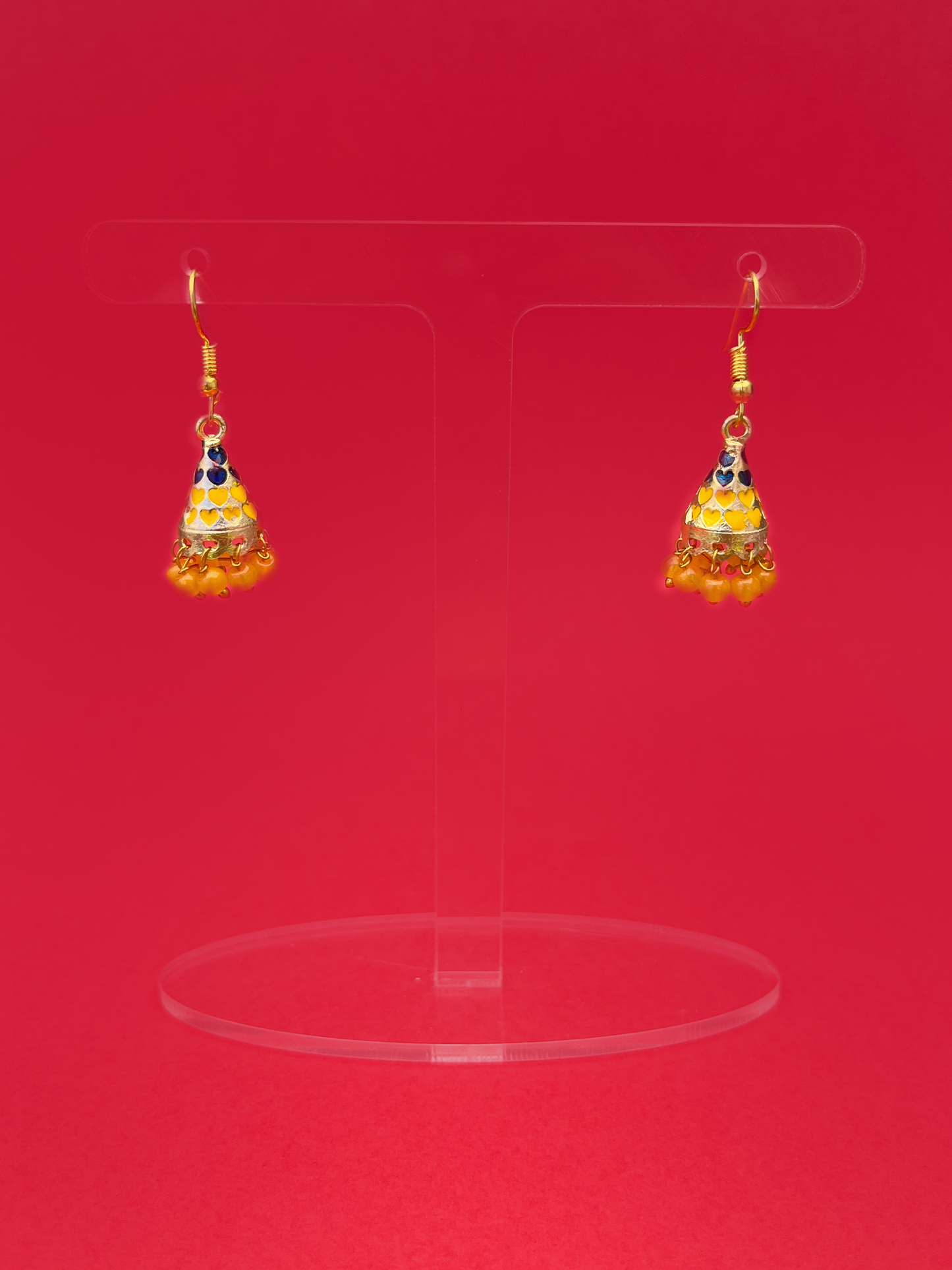Yellow and Navy-Heart Cone-Shaped Gold-Plated Mini Jhoomka with Hook