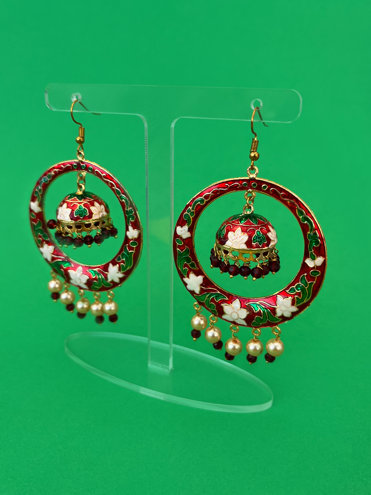 Red Chandbali-Style Gold-Plated Jhoomka with Artificial Pearls and Hook