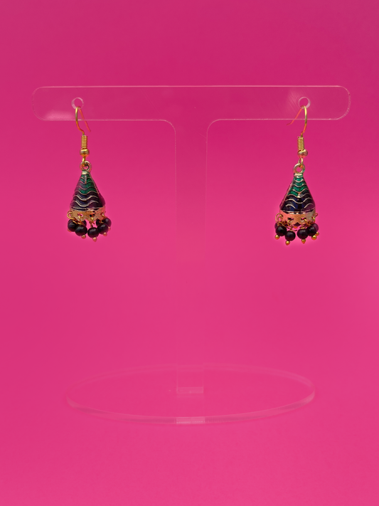 Black and Green Cone-Shaped Gold-Plated Mini Jhoomka with Hook