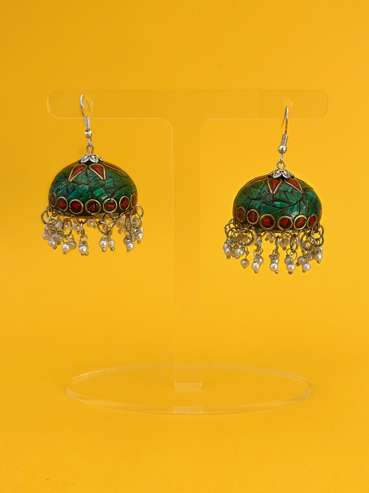 Teal Stone Silver-Plated Meenakari Jhoomka with Artificial Pearls