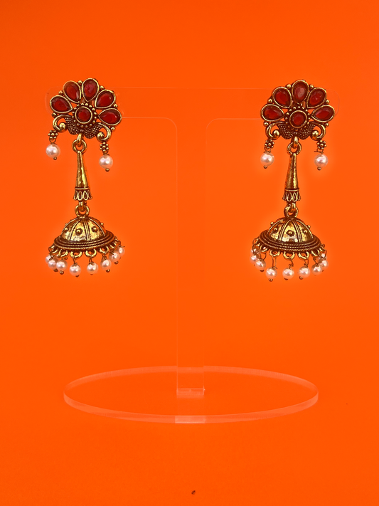 Floral-Style Gold-Plated Jhoomka with Red Stones