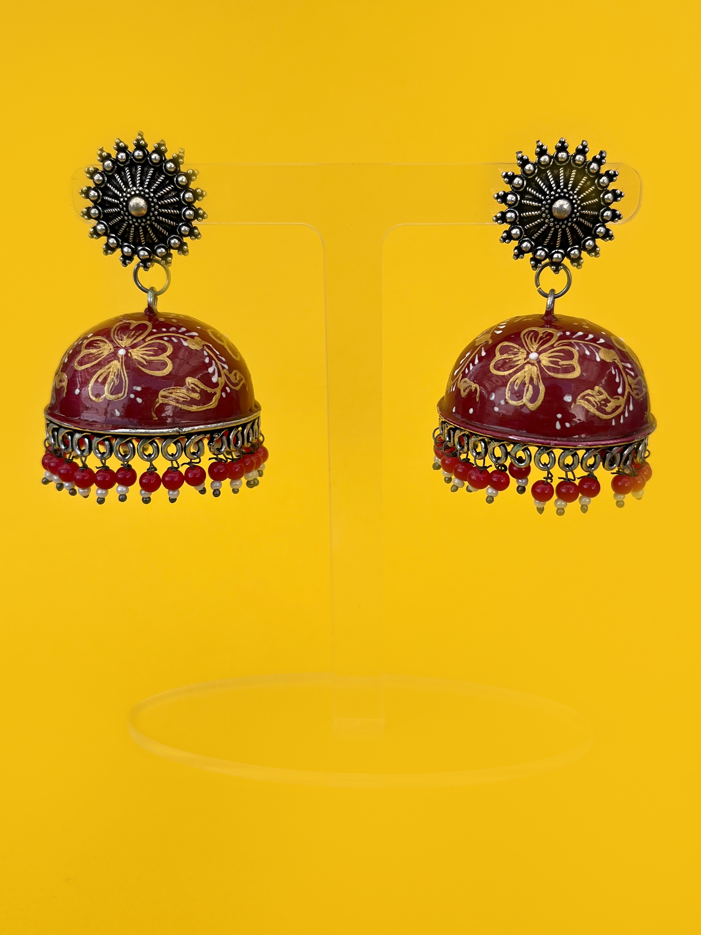 Maroon Hand-Painted Meenakari Jhoomka with Gold Flowers