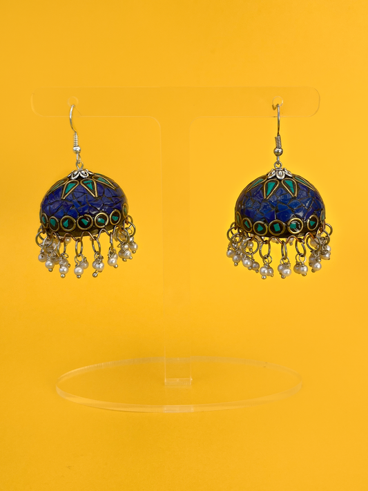 Silver-Plated Coral Blue Stone Meenakari Jhoomka with Artificial Pearls