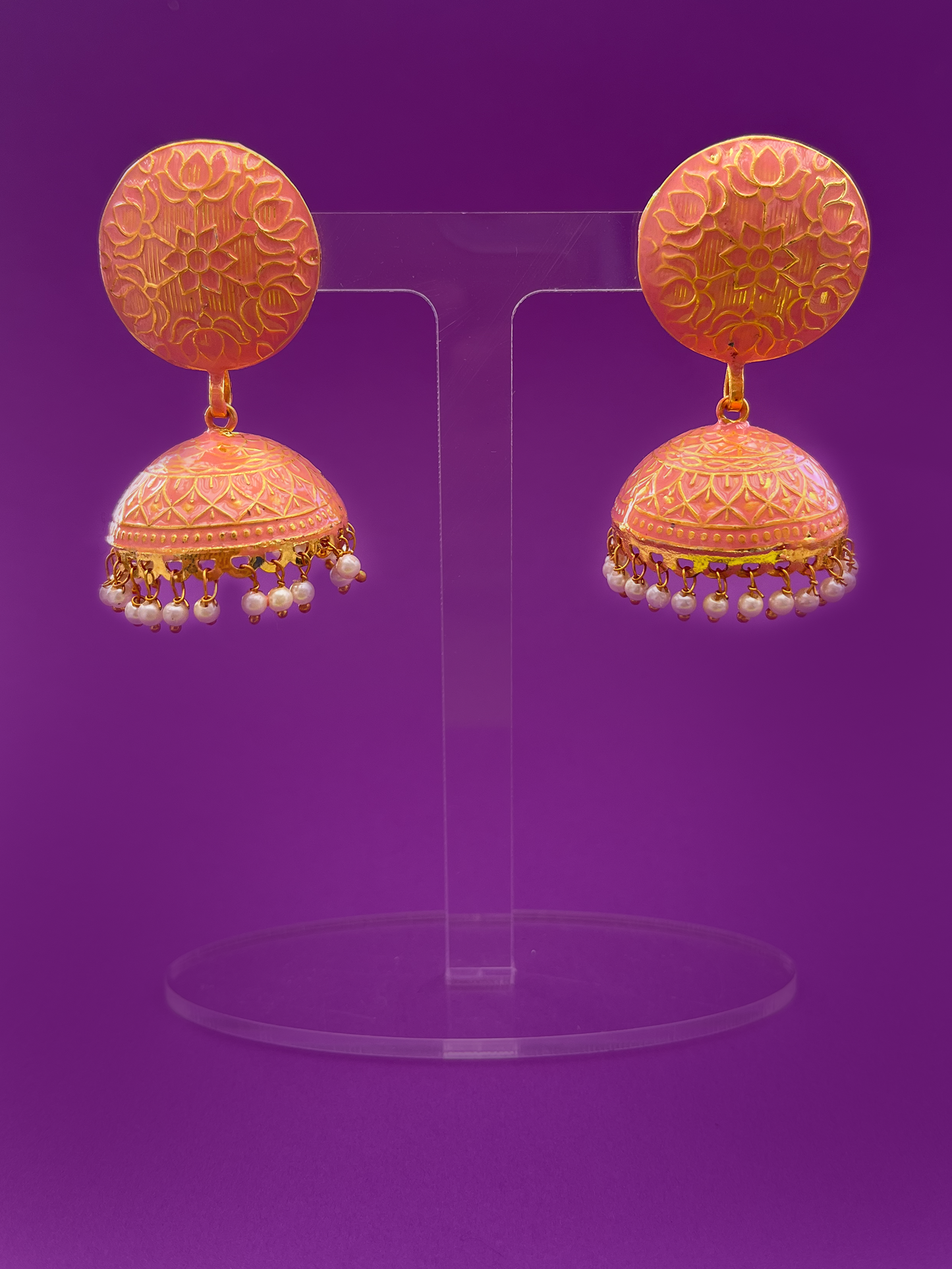 Large Peach Meenakari Jhoomka with Floral Design