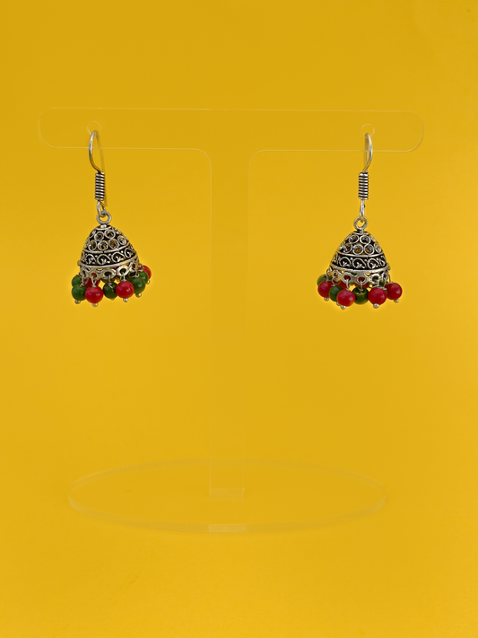 Mini Oxidised Silver-Plated Jhoomka with Red and Green Beads and Hook