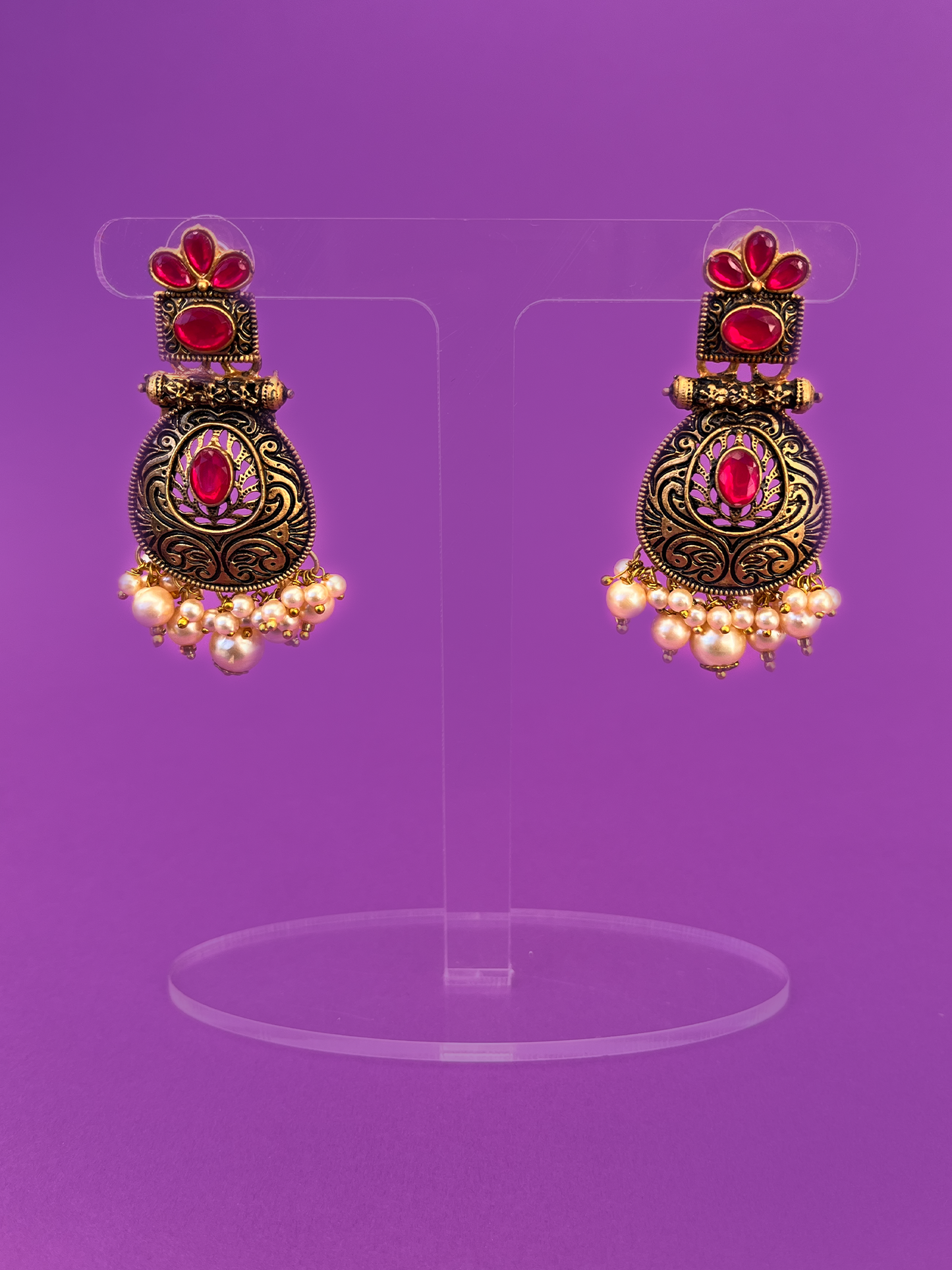 Tassel-Drop-Style Gold-Plated Jhoomka with Cerise Beads