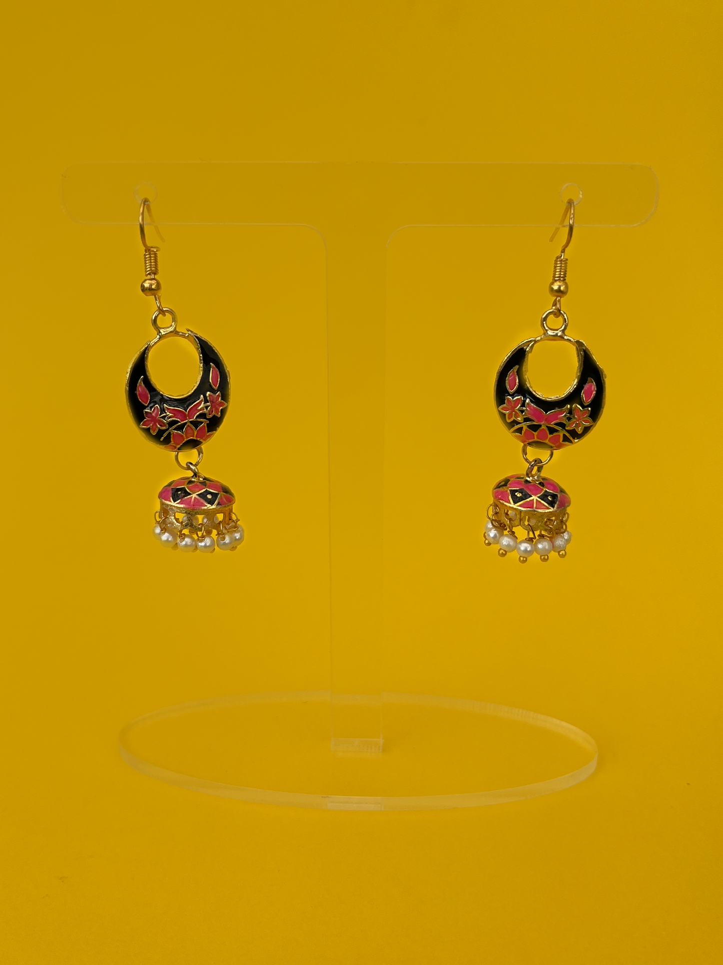 Mini Black and Pink Meenakari Jhoomka with Hook