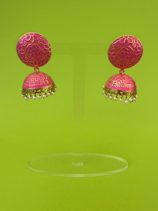 Strawberry Pink Meenakari Jhoomka with Floral Design