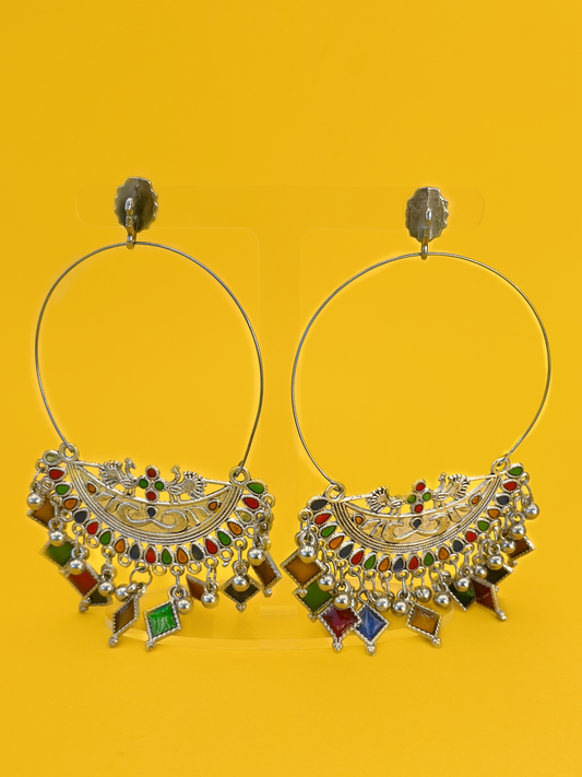Oxidised Silver-Plated Mutlicoloured Chandbali Jhoomka with Stem