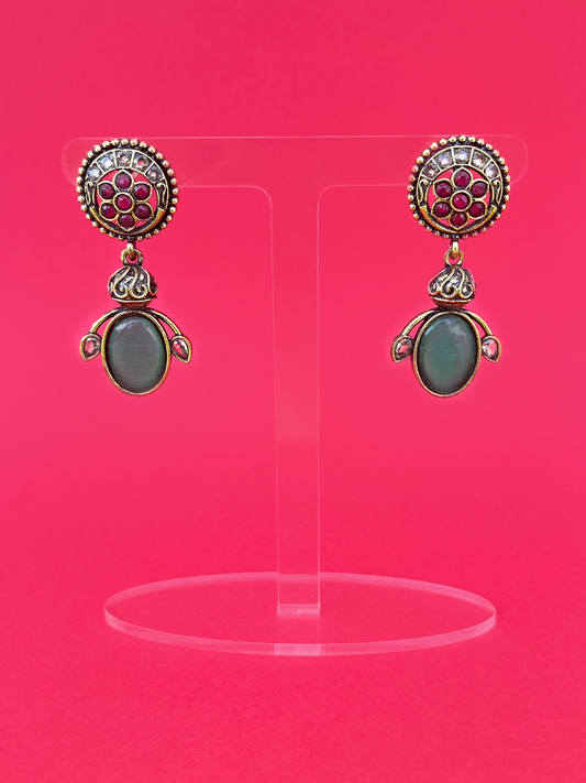 Flower-Design Gold-Plated Earring with Red and Green Stones
