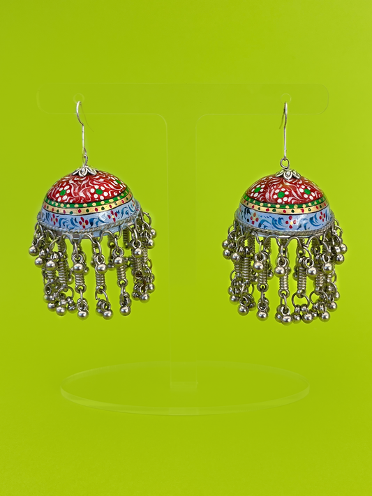 Multicoloured Hand-Painted Silver-Plated Meenakari Jhoomka