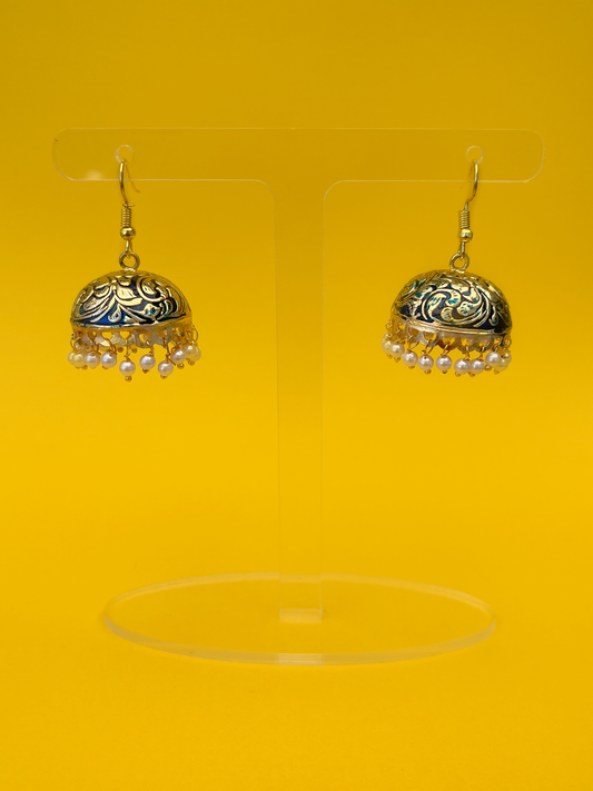 Blue-Painted Gold-Plated Meenakari Jhoomka with White Beads and Hook