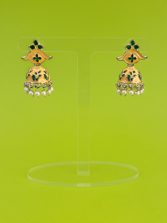 Gold-Plated Peach and Green Hand-Painted Jhoomka with Stem