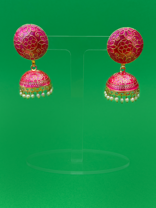 Raspberry Pink Meenakari Jhoomka with Floral Design