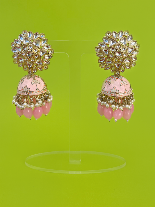 Baby Pink Hand-Painted Gold-Plated Kundan Jhoomka