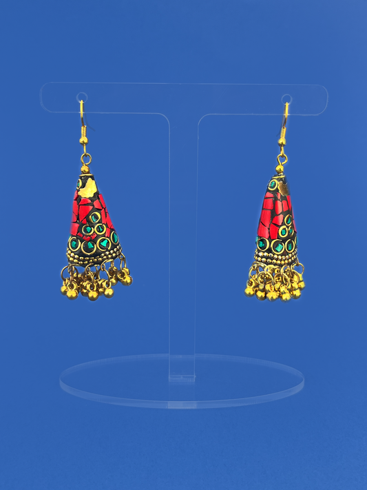 Coral Stone Gold-Plated Meenakari Jhoomka with Gold Beads