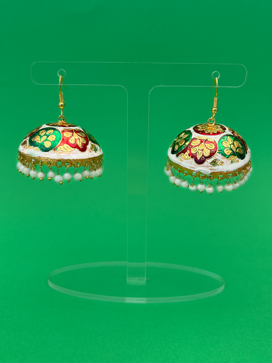 White-Painted Gold-Plated Meenakari Jhoomka with White Beads and Hook