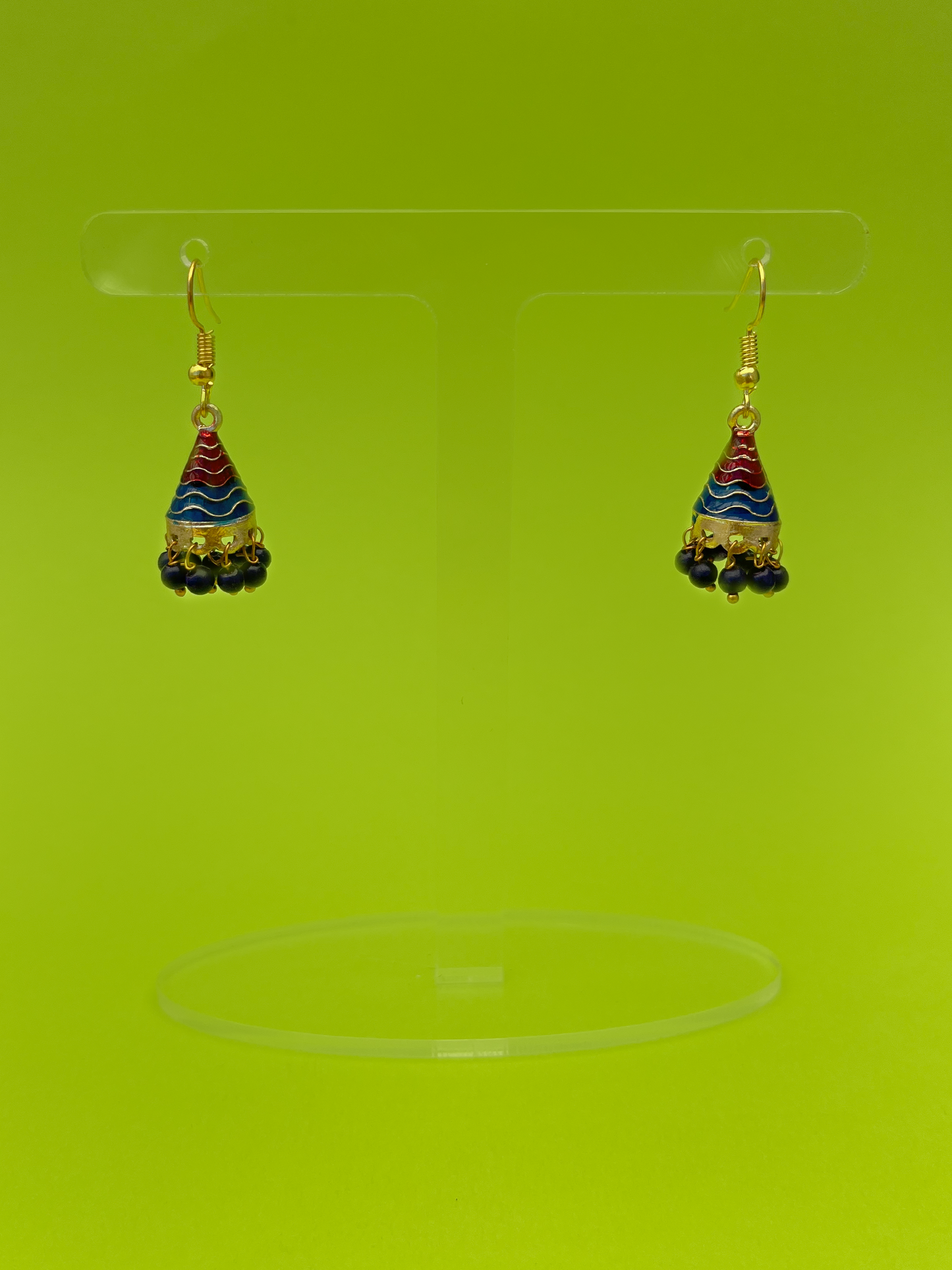 Blue and Red Cone-Shaped Gold-Plated Mini Jhoomka with Hook