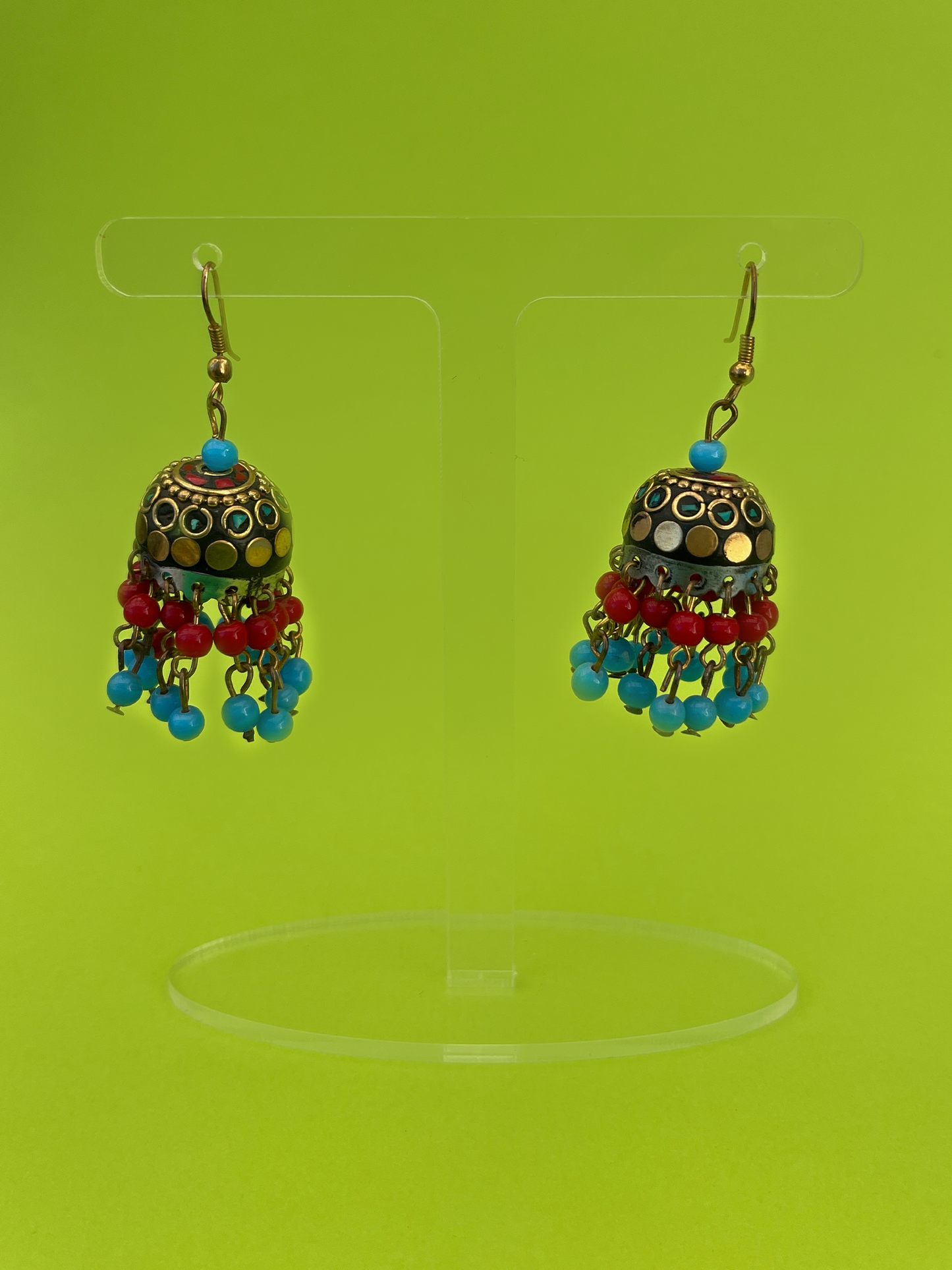 Multicolured Gold-Plated Jhoomka with Blue and Red Beads