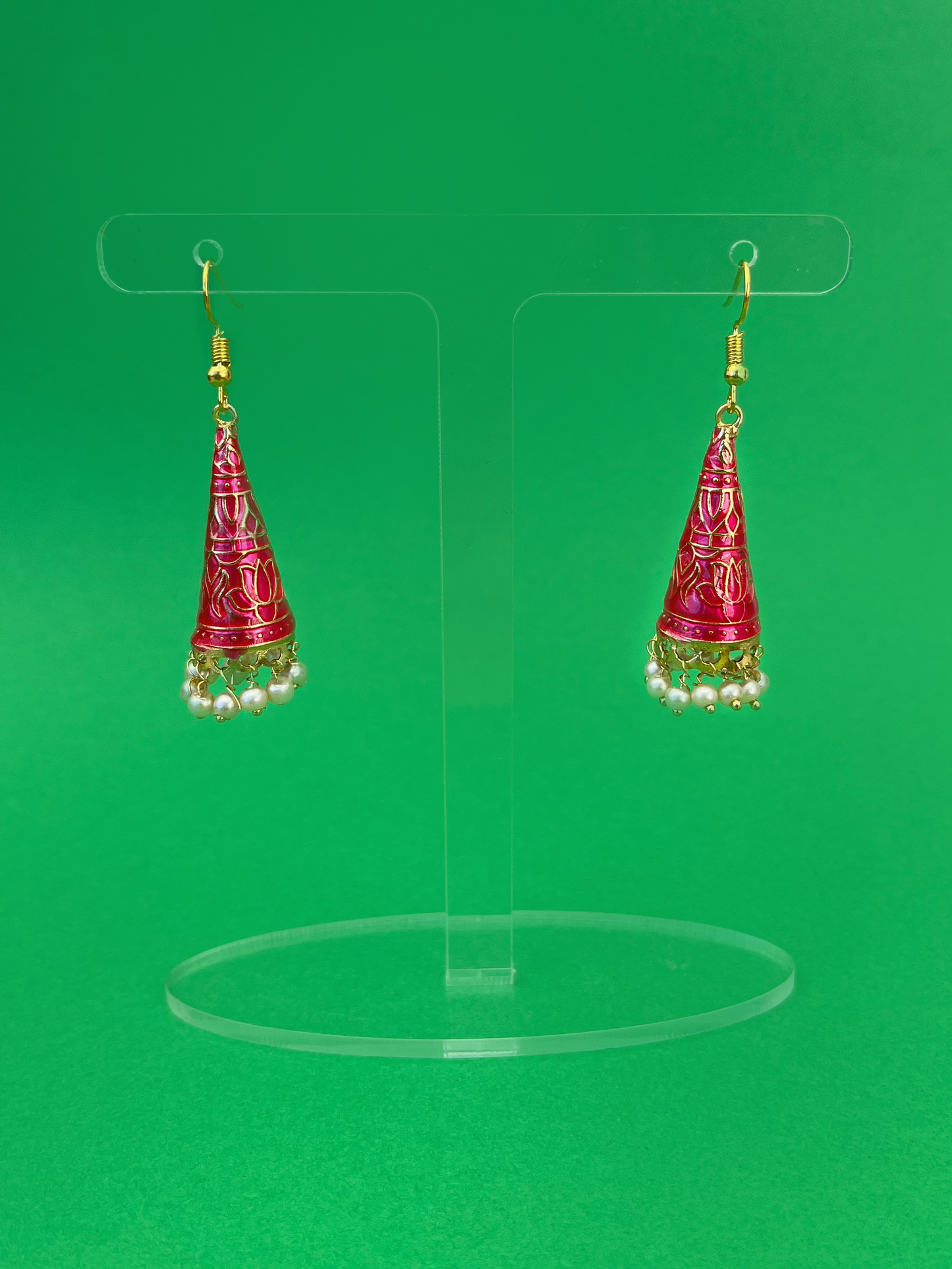 Raspberry Pink Cone-Shaped Meenakari Jhoomka with Hook