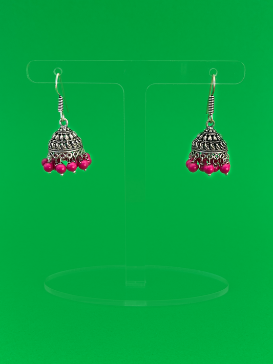Mini Oxidised Silver-Plated Jhoomka with Pink Beads