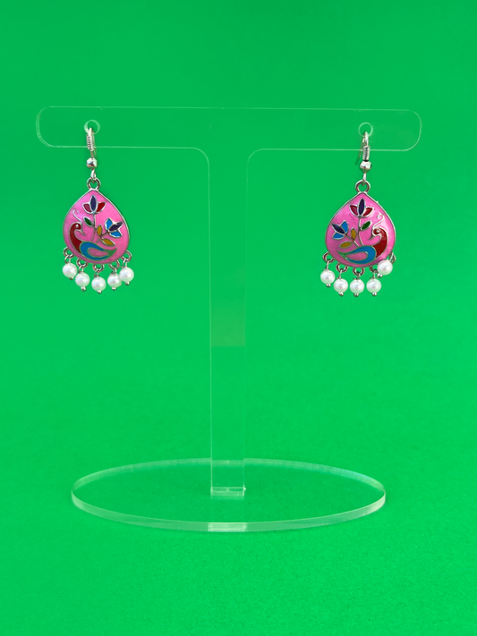 Pink Teardrop-Shaped Silver-Plated Pink Jhoomka with Hook