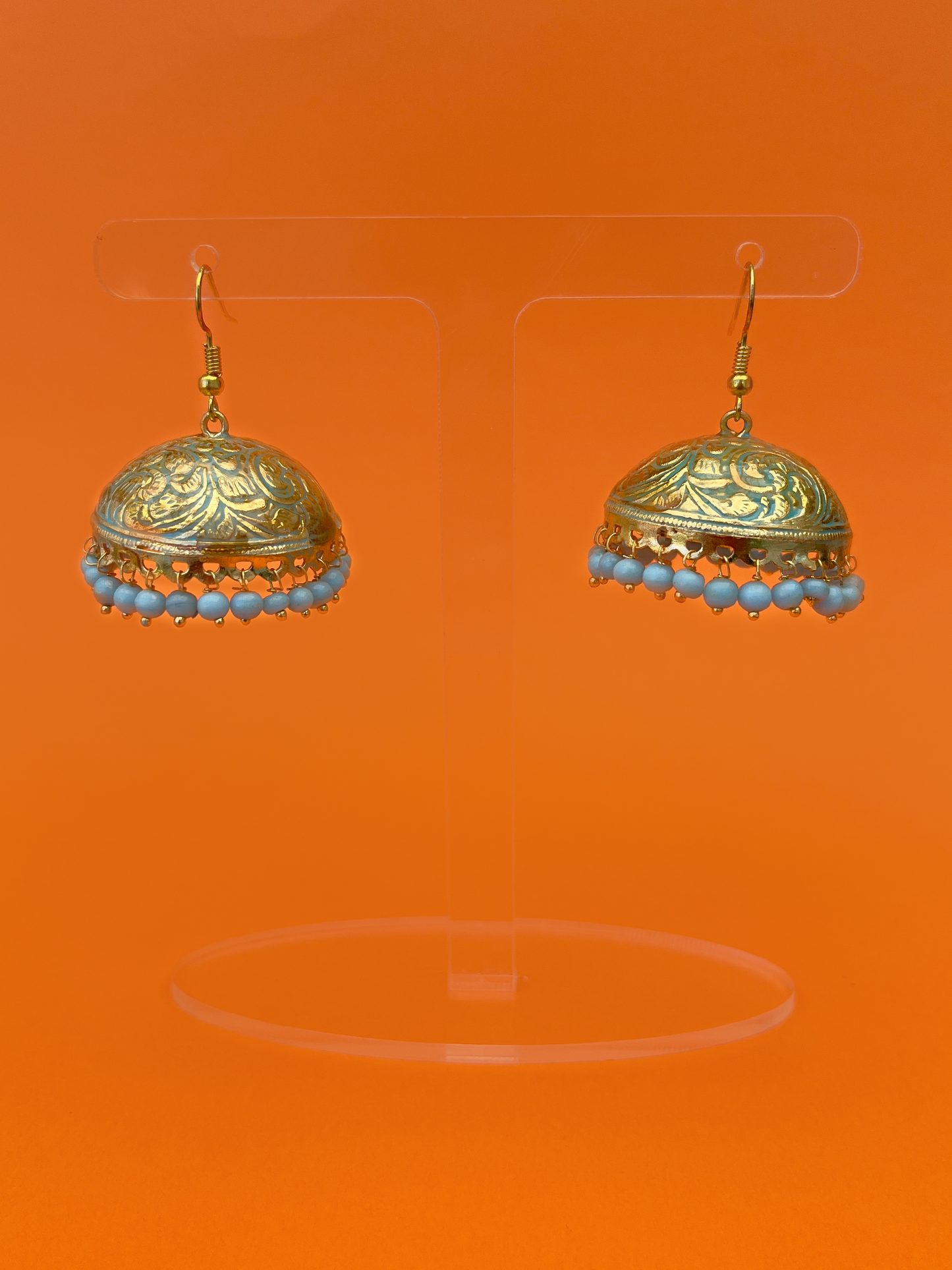 Gold-Plated Meenakari Jhoomka with Baby Blue Beads and Hook
