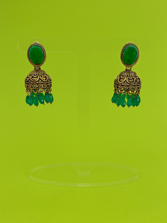 Gold-Plated Bell Jhoomka with Green Stones