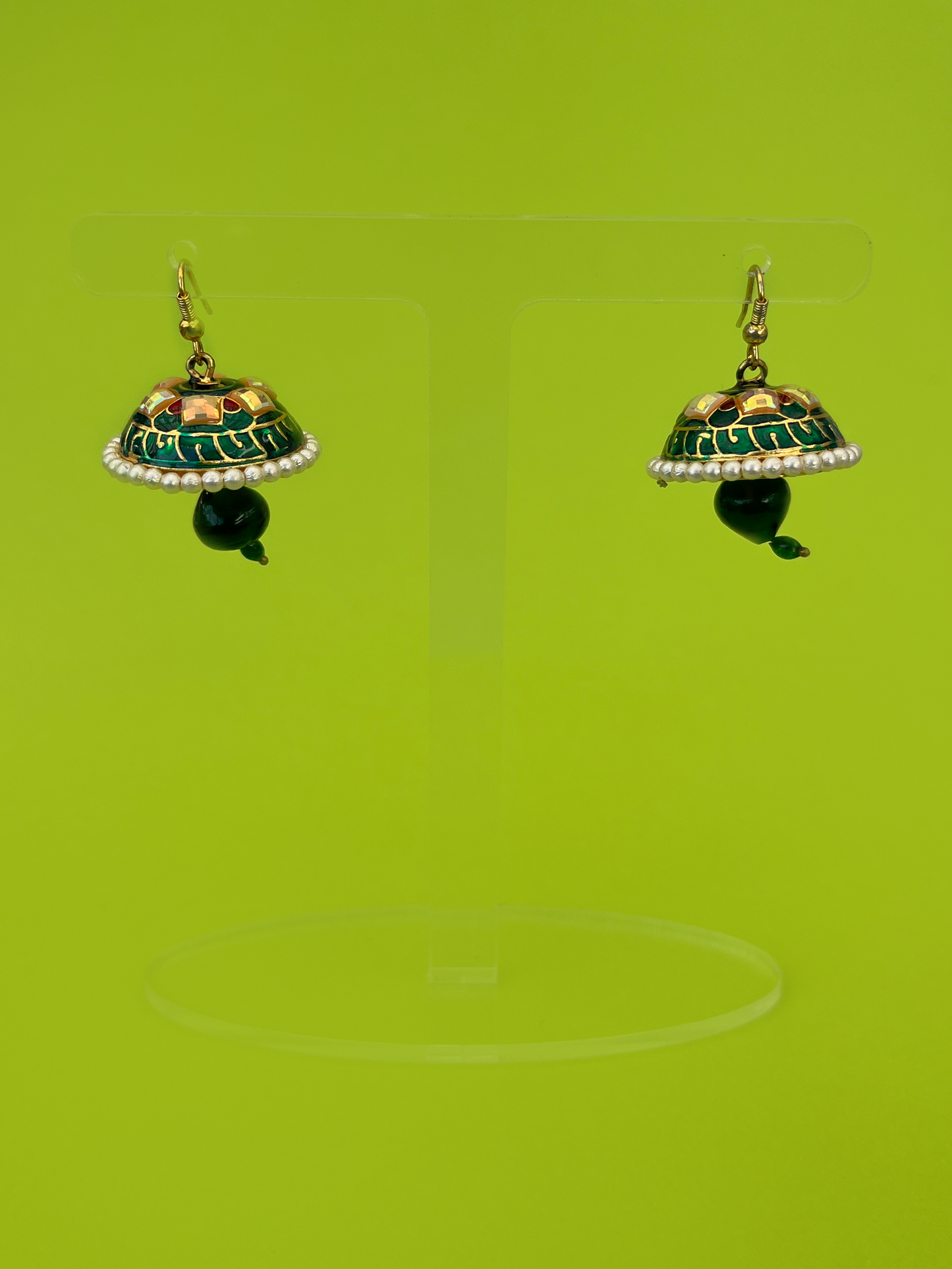 Dark Green Meenakari Jhoomka with Green Stone and Hook