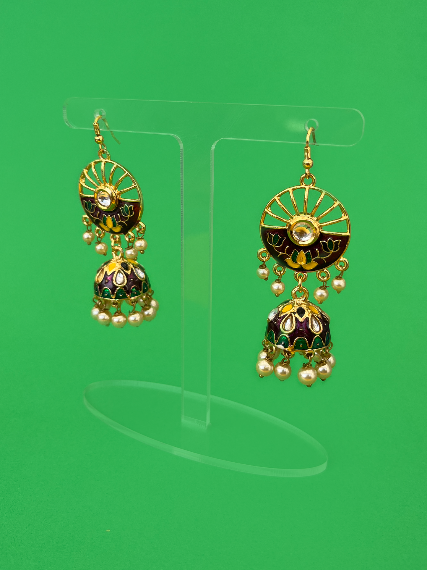 Purple and Green Gold-Plated Kundan Jhoomka with Hook