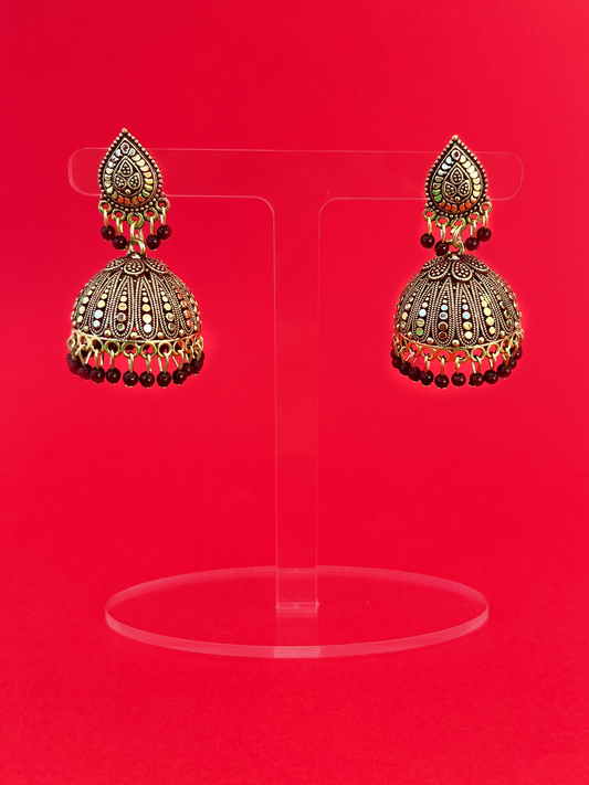 Gold-Plated Meenakari Jhoomka with Maroon Beads