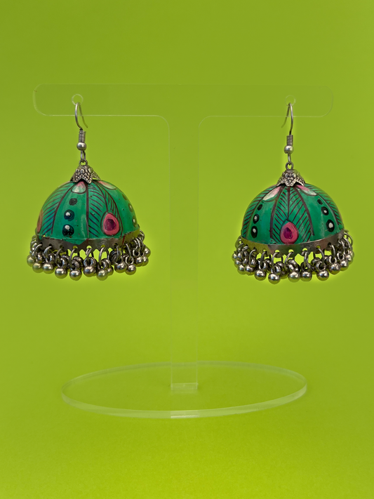 Mint Green Hand-Panted Silver-Plated Meenakari Jhoomka