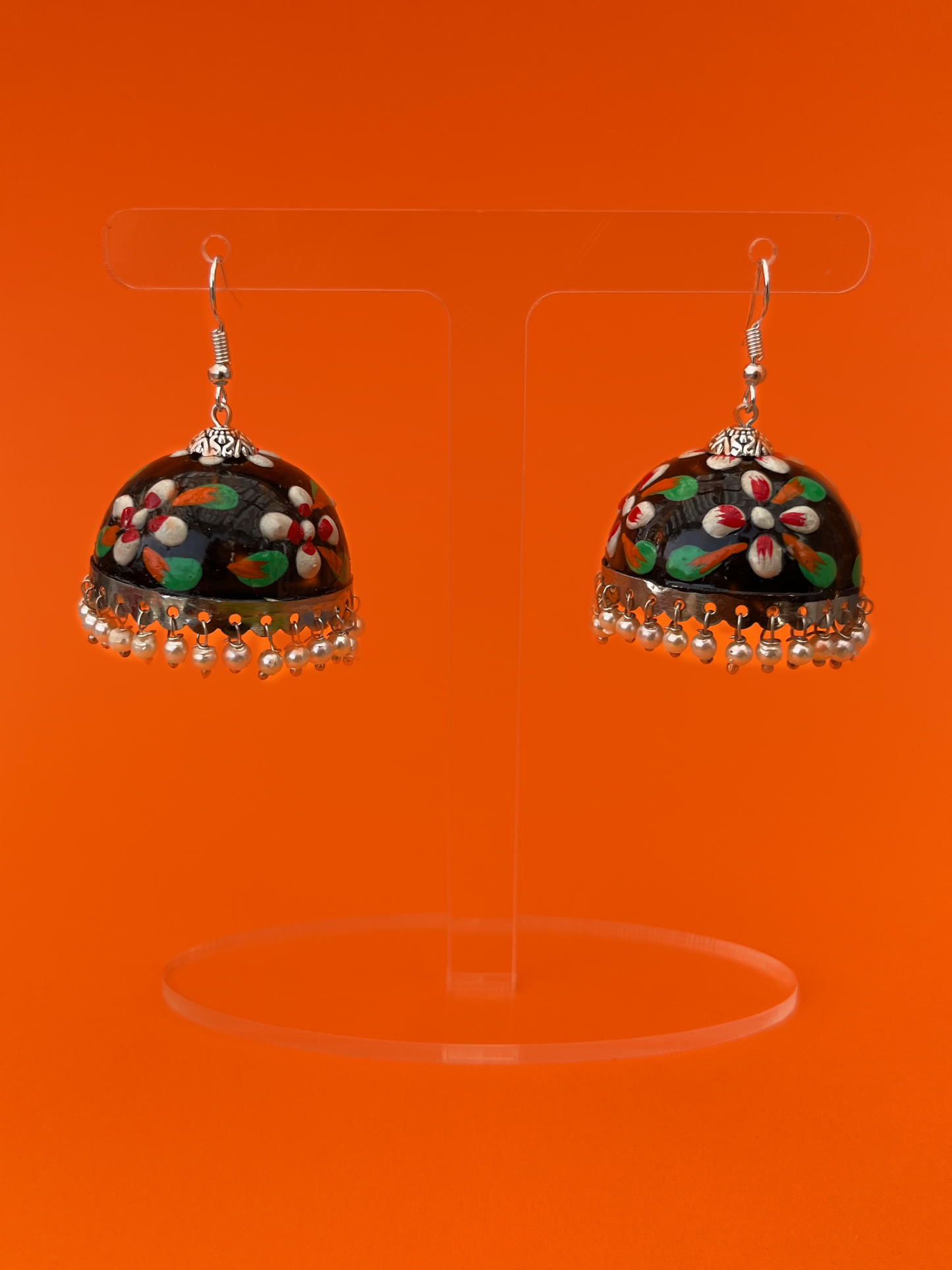 Black and Green Hand-Painted Silver-Plated Jhoomka with Hook and Pearls