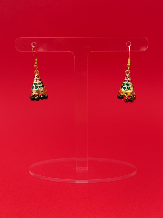Green and Red-Heart Cone-Shaped Gold-Plated Mini Jhoomka with Hook