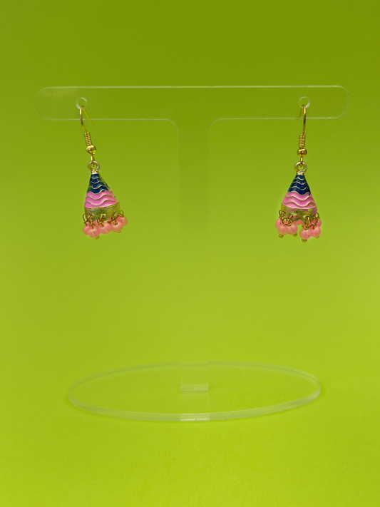 Pink and Blue Cone-Shaped Gold-Plated Mini Jhoomka with Hook