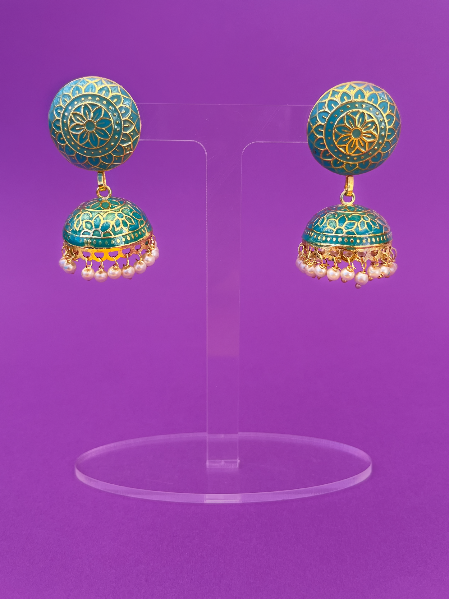 Teal Blue Meenakari Jhoomka with Floral Design