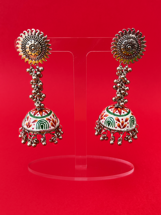 White and Green Hand-Painted Silver-Plated Meenakari Jhoomka with Flat Post