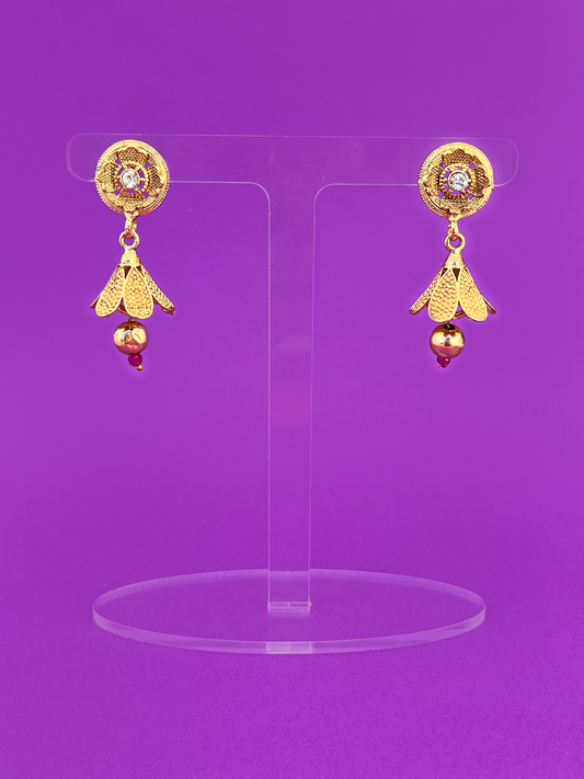 Gold-Plated Flower-Design Jhoomka with Pink Stones